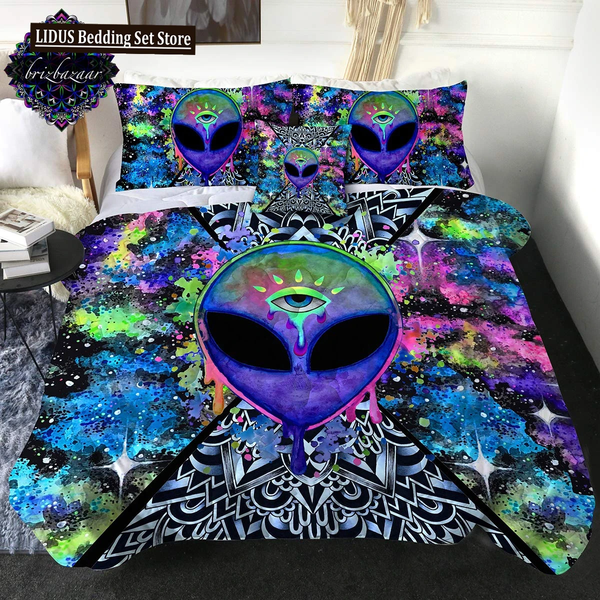 

Trippy Alien Duvet Cover Set Queen Alien Skull Bedding Set Psychedelic Space Watercolor Colorful Queen Size Bedspread Alien Gift