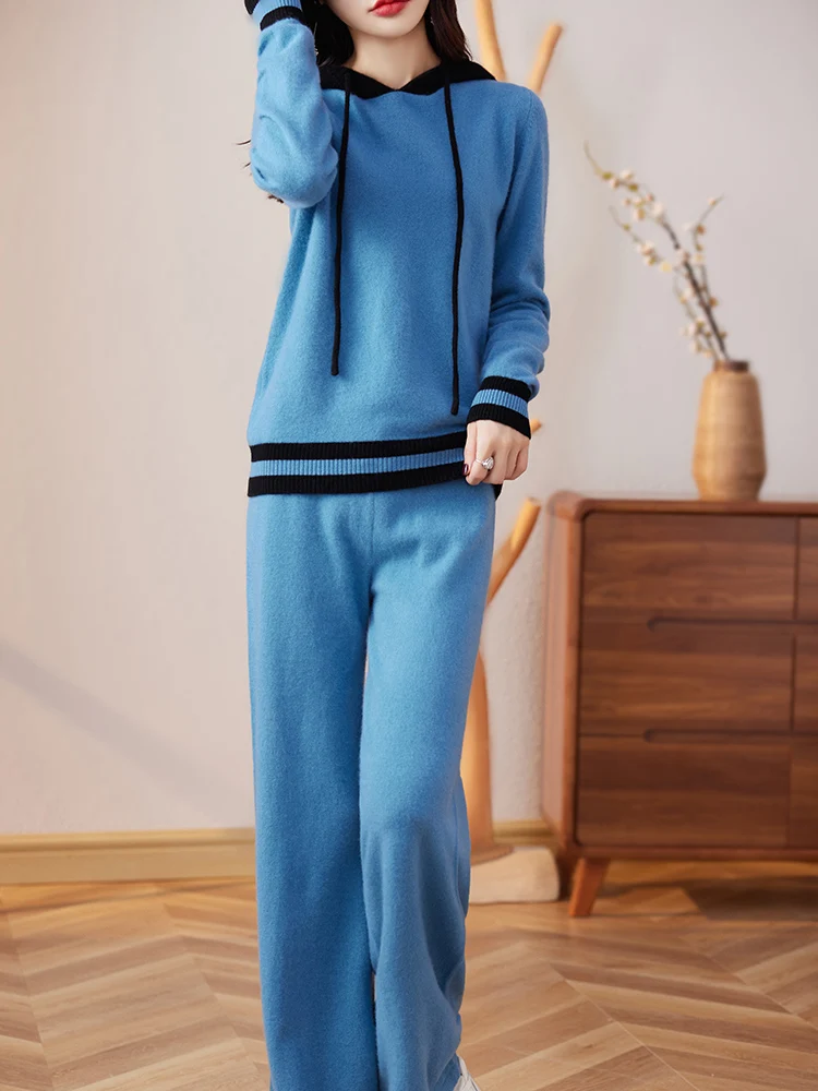 Fashion Suit 2023 Autumn Winter New 100% Wool Knitted Sweater Women Tops And Wide Leg Pants Two-Piece Female Suits