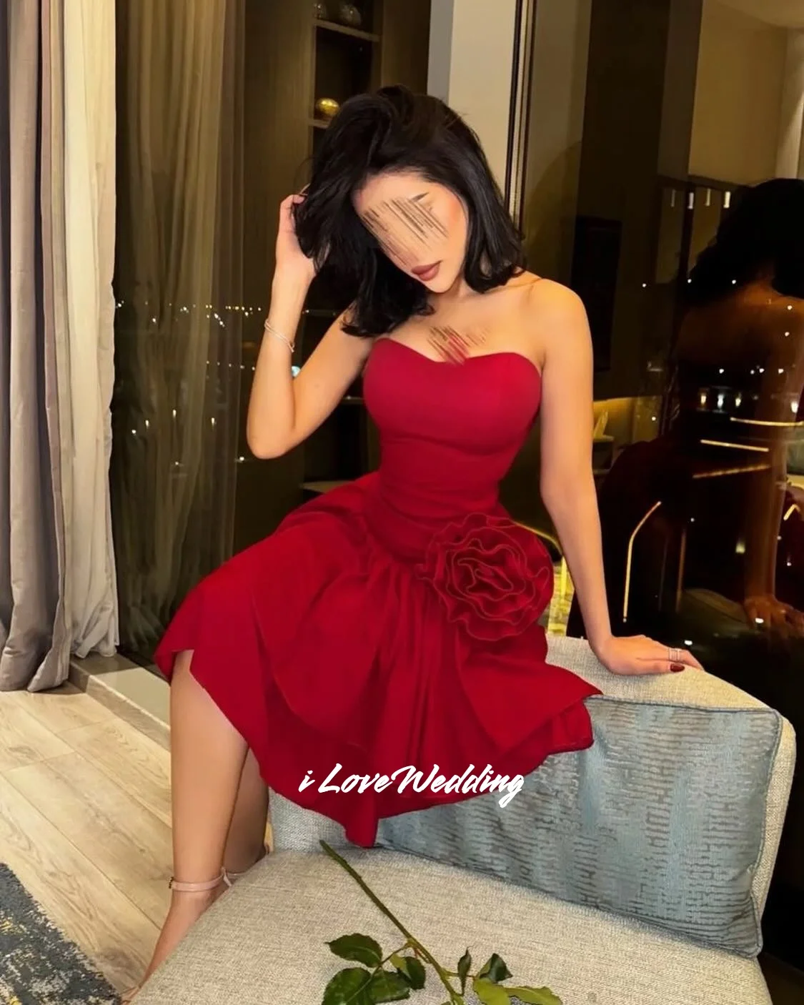 

Red Strapless Mini Skirt Sleeveless 3D Flower Homecoming Dresses A-Line Modern Pleated festa Luxury Birthday Dresses Customized