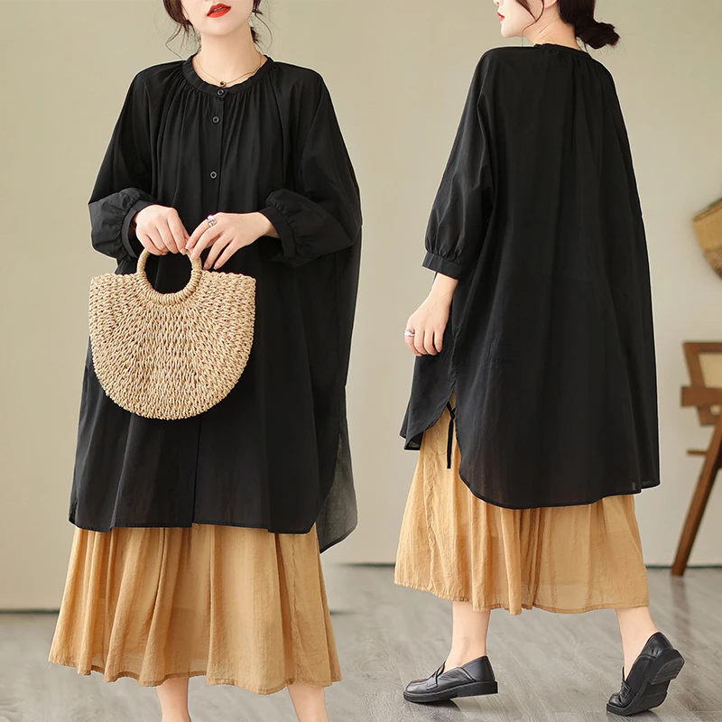 

plus Size Women's Loose Long Sve irt Dr Autumn New Sle Casual Wind Pleated Meat Covering Faionable Cotton Blend