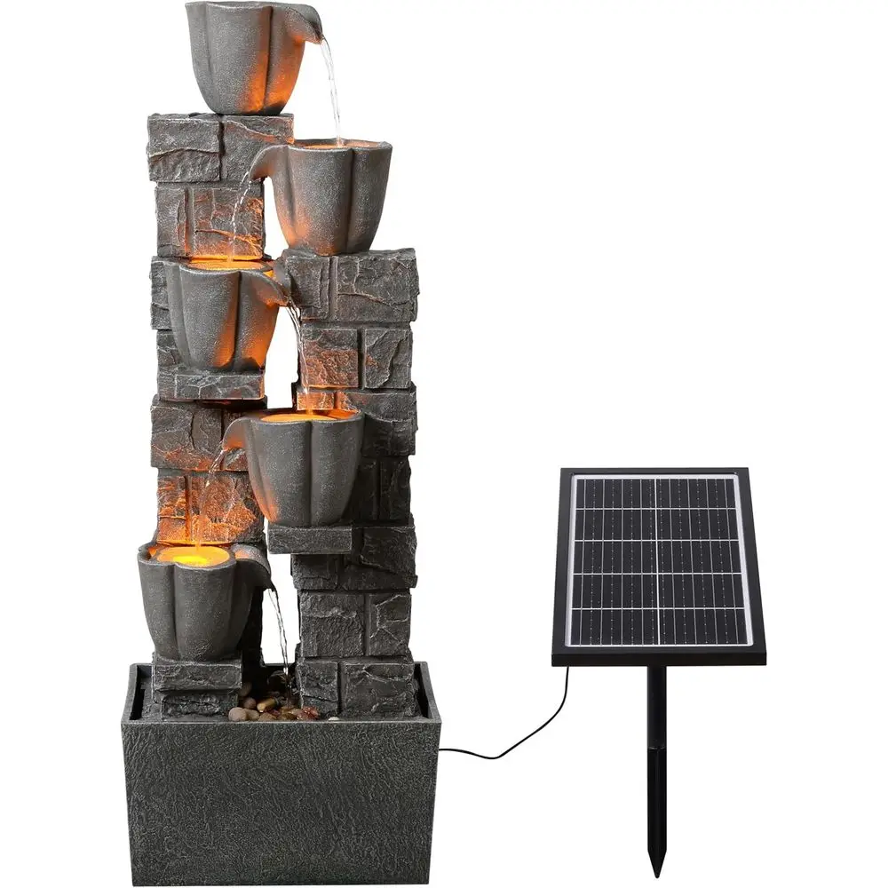 

36.2 Tall Solar-Powered Outdoor Water Fountain with 4-Tier Tulip Design for Garden and Backyard Décor in Grey