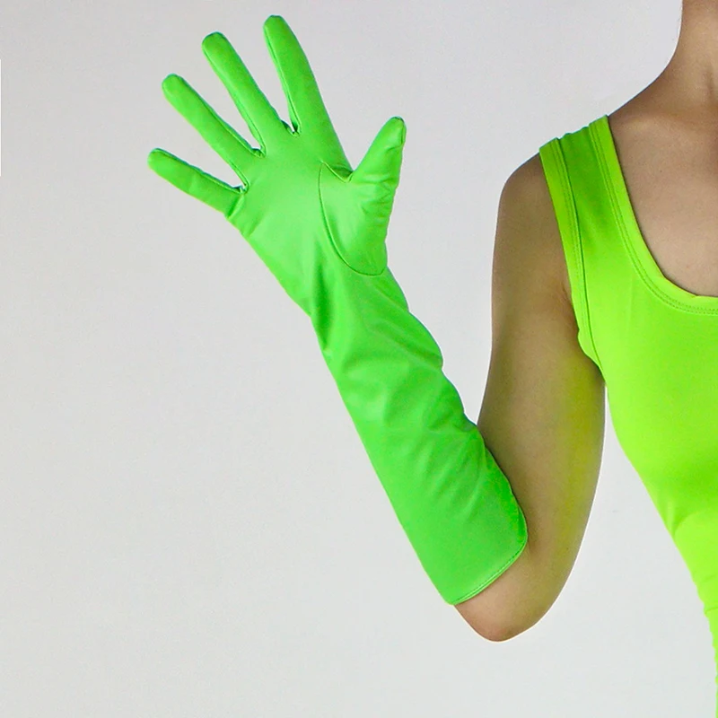

Patent Leather Gloves Long 40cm Latex Imitation PU Children's Catwalk Photography Stage Performance Fluorescent Green Cyan