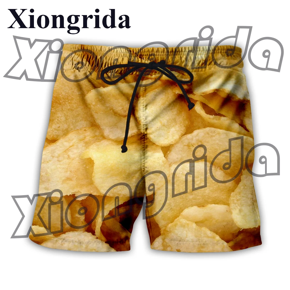 Shorts estampados com batatas fritas engraçadas, troncos 3D de cintura alta, moda masculina, calça curta casual com estampa de lanches, roupas unissex de praia do verão