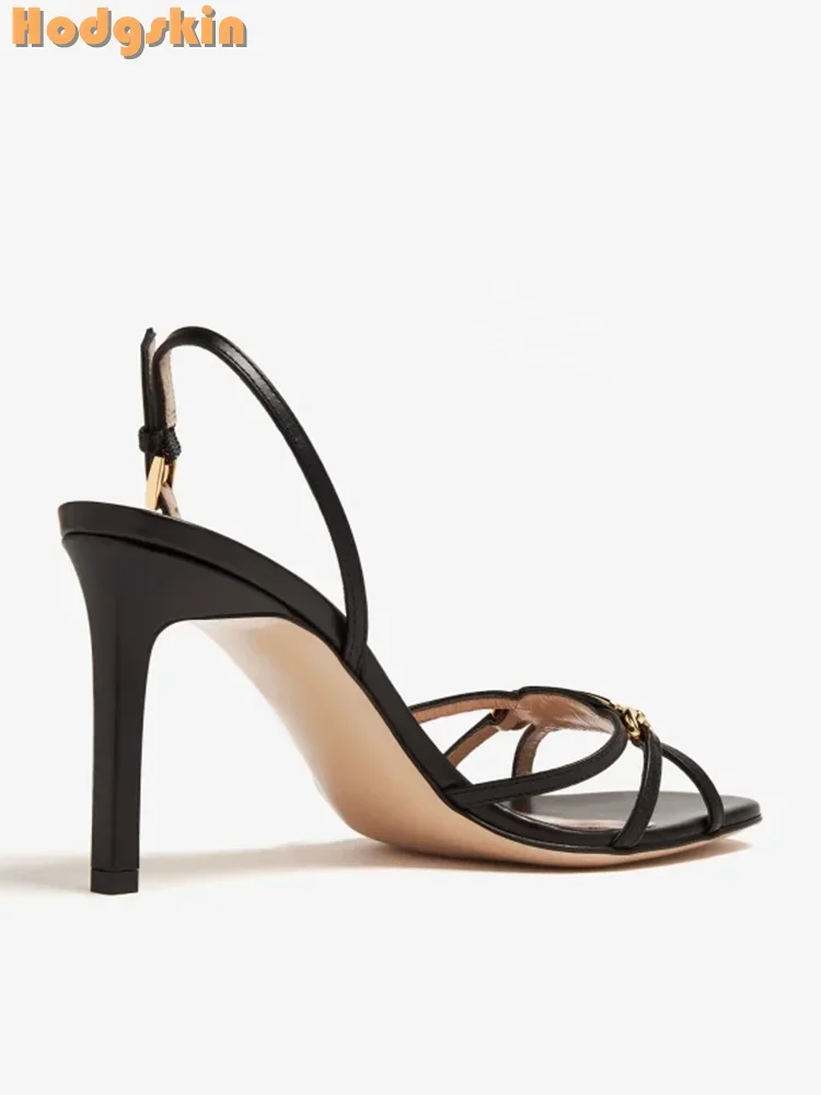 Metal Decor Stiletto Sandals Black Square Toe Buckle Straps Thin Heeled Sexy Fashion Chain Dress Shoes 2025 Women New Spring