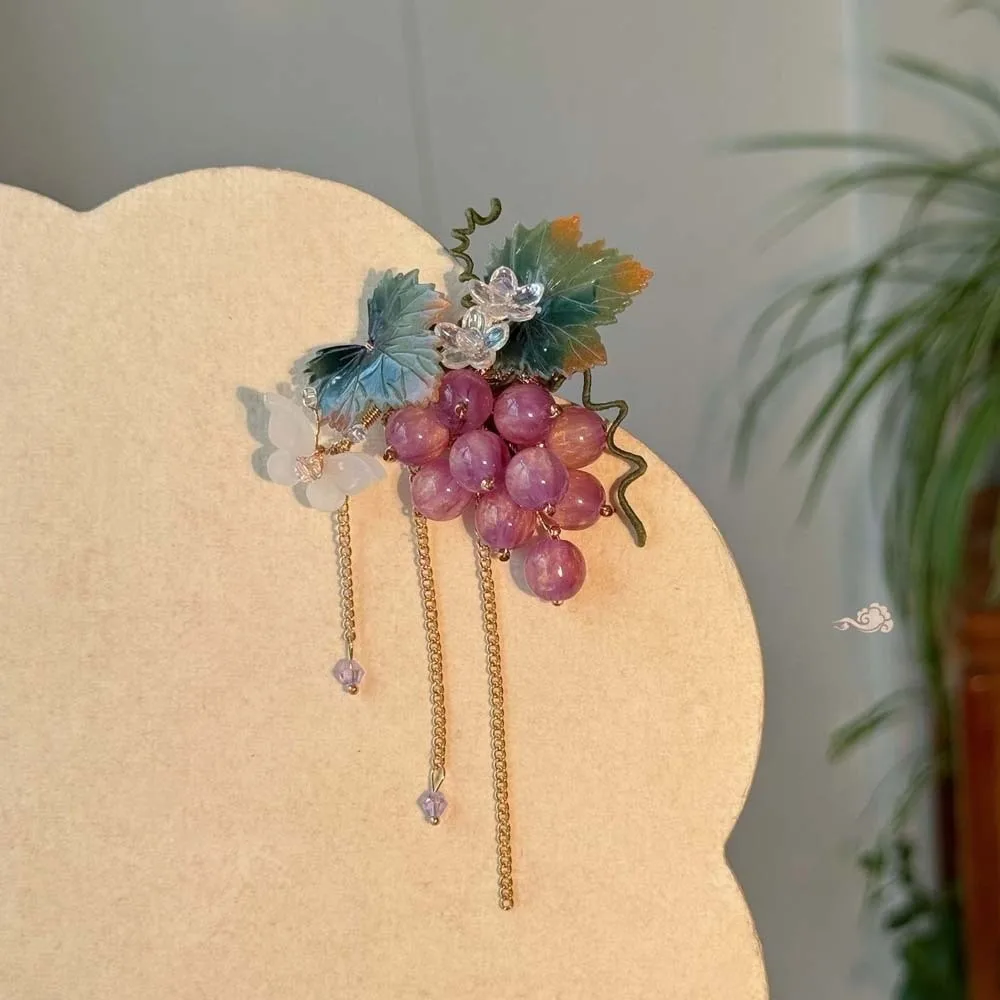

Waterproof Grape Hair Clip Tassel Sweet Chinese Style Side Clip Purple Hanfu Accessories Glass Beads Hairpins