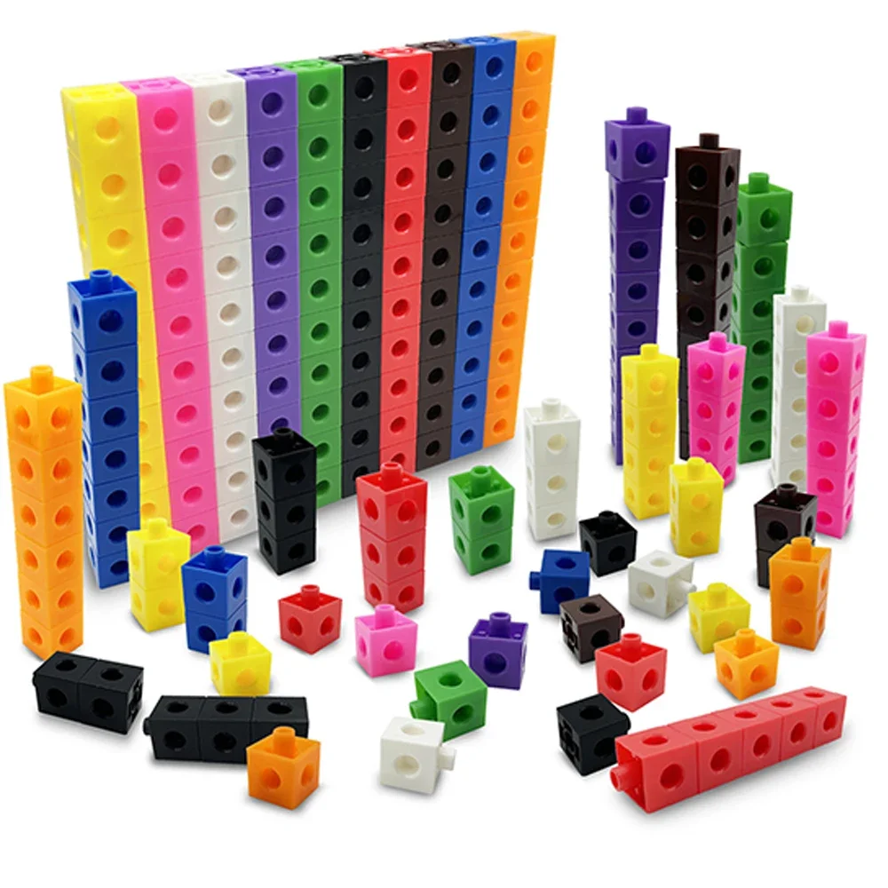 100pcs DIY Cubes Montessori Math 3D Puzzle Toy 10 Color Rainbow Link Cube Snap Block Stacking Game Assembly Set for Children