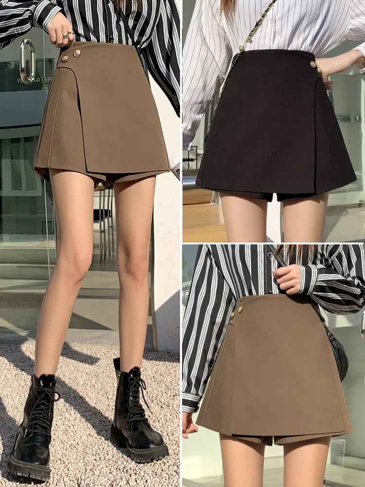 High Waist A-Line  Skirt Women's Suit Asymmetrical Design Slimming Short Skirt Pants Korean Style Commute Pure Color