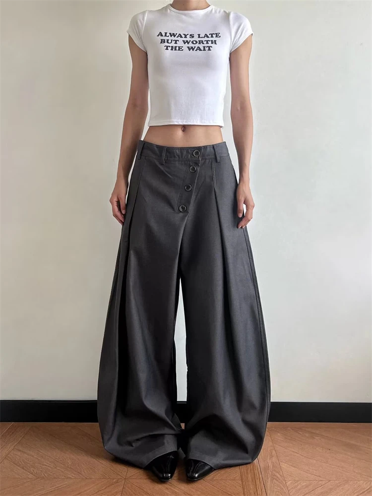 Women's Diagonal Buckle Gray Pants Commuting Style Wide Leg Sweatpants Casual Women Bottoms Female High Waisted Trousers