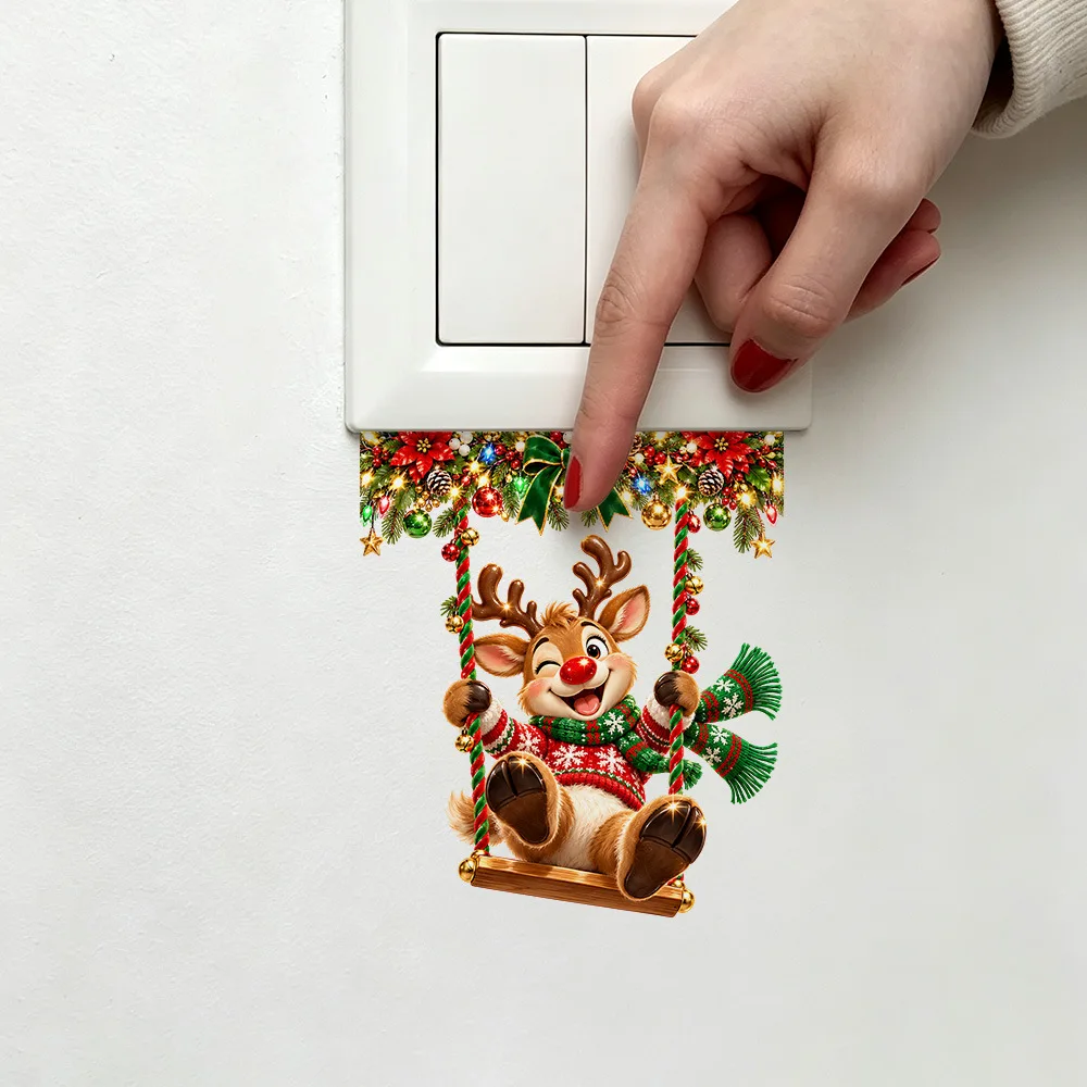 New Christmas Swing Wall Sticker, Santa Reindeer Snowman Penguin Decal, Removable No Residue Window Glass Decor Gift