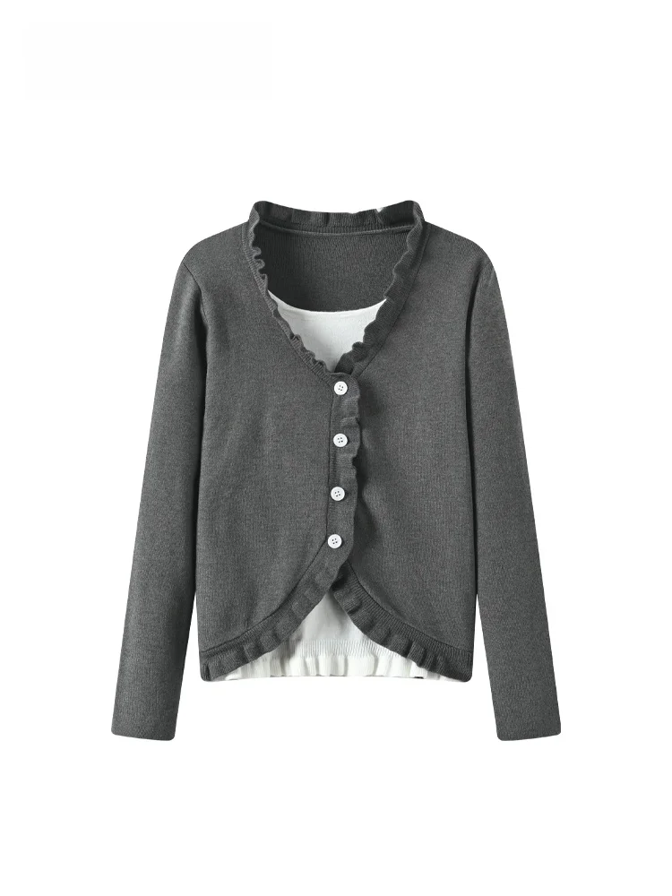 

plus Size Knitted Long Sve V-Ne Women's Top with Lace Splicing Autumn Faion Casual Cotton Single Button Closure Top