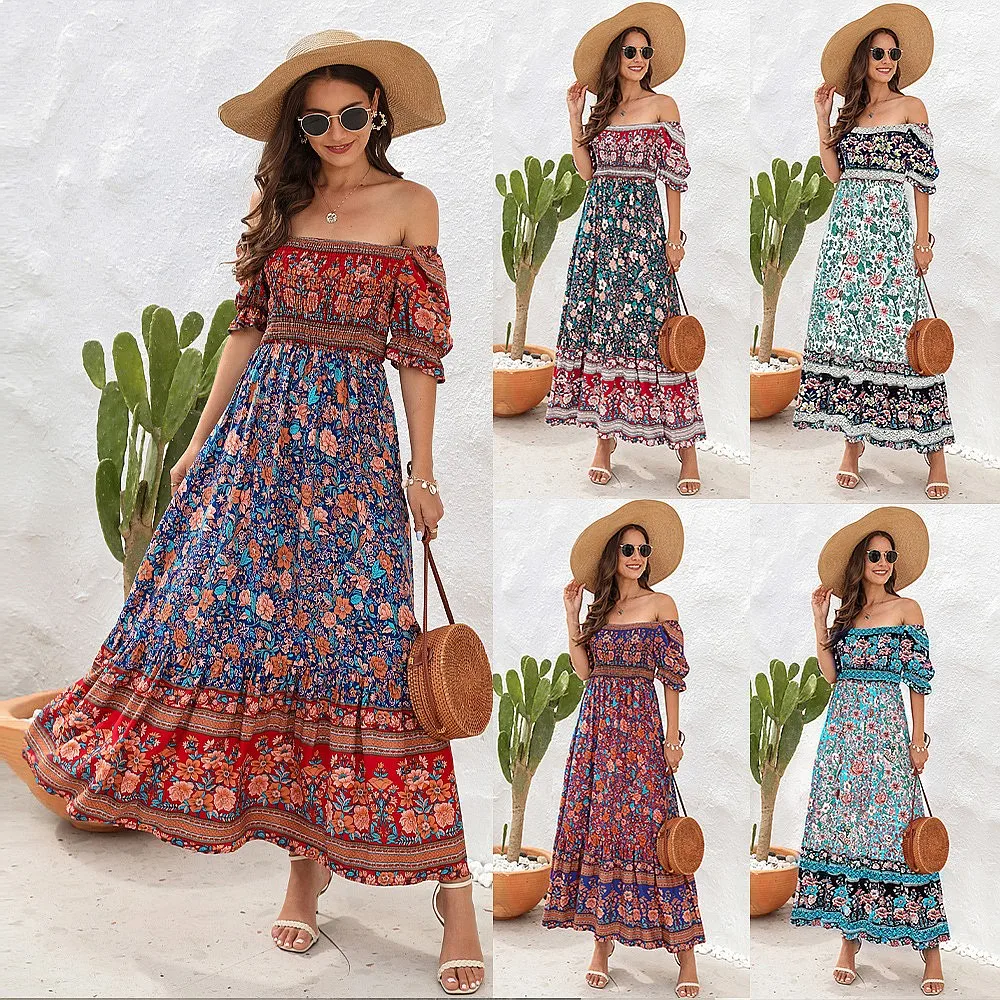 Off Shoulder Puff Sleeve Sundress - Damen Strandkleid, schulterfreies Midikleid mit Puffärmeln,