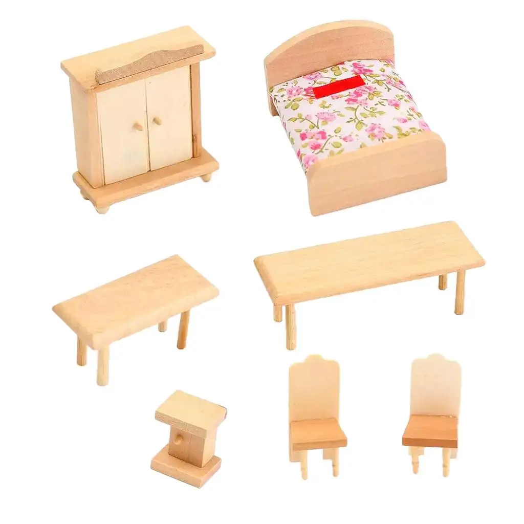 

Мебель для кукольного домика ручной работы в масштабе 1:12: стол, стул, кровать, деревянные игрушки