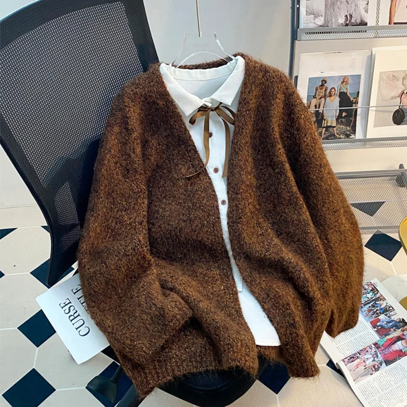 

Caramel Thick Warm Women's Cardigans Casual Loose V-neck All-matched Knitwear Coat 2025 Winter Long Sleeve Knitted Sweater