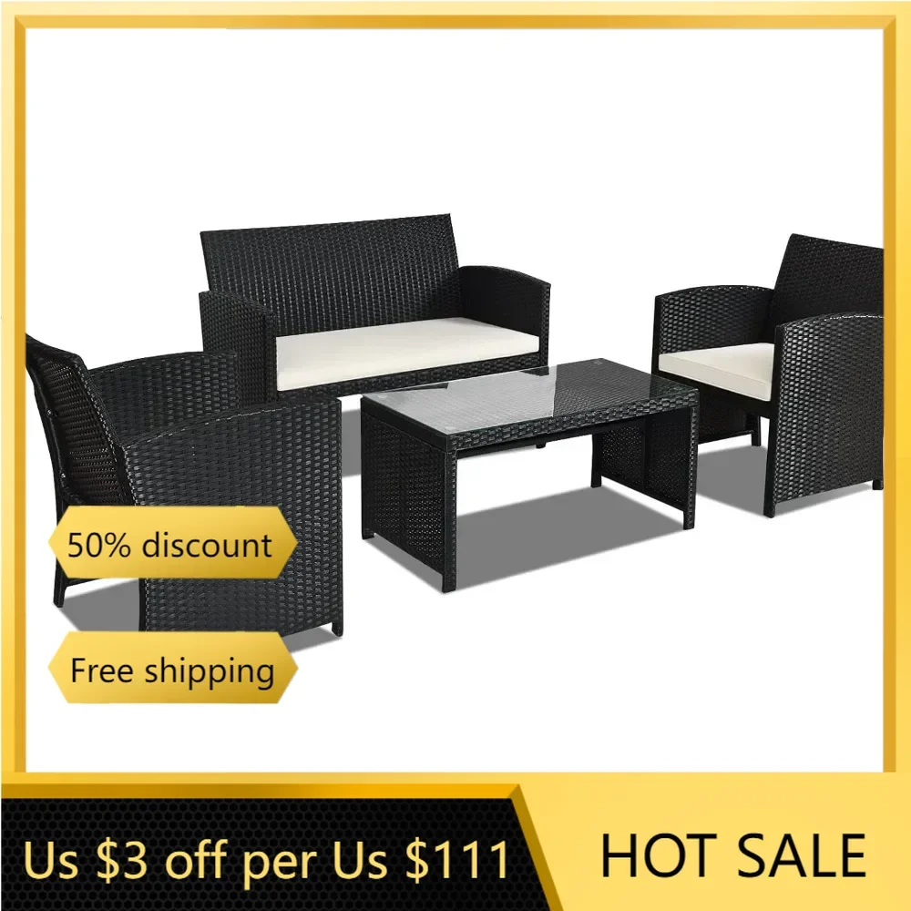 

4-Piece Rattan Patio Furniture Set, Outdoor Wicker Conversation Sofa with Weather Resistant Cushions and Tempered Glass Tabletop