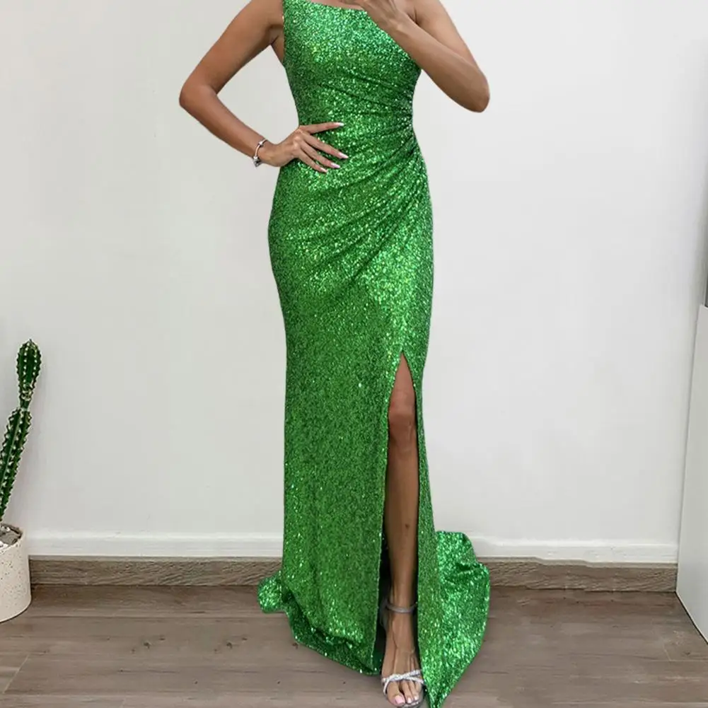 Dress Elegant Sequin Off Shoulder Maxi Dress for Prom Banquet Events Shiny Bandeau Style with High Split Pleated Design Solid