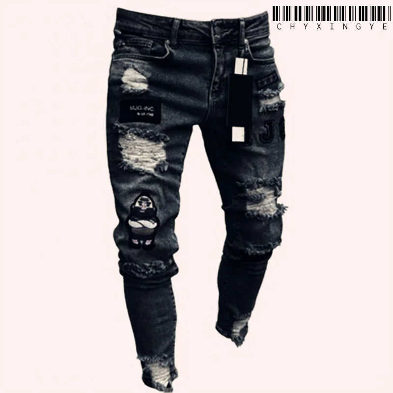 Men Stretchy Ripped Skinny Biker Embroidery Cartoon Print Jeans Destroyed Hole Slim Fit Denim High Quality Hip Hop Black Jeans