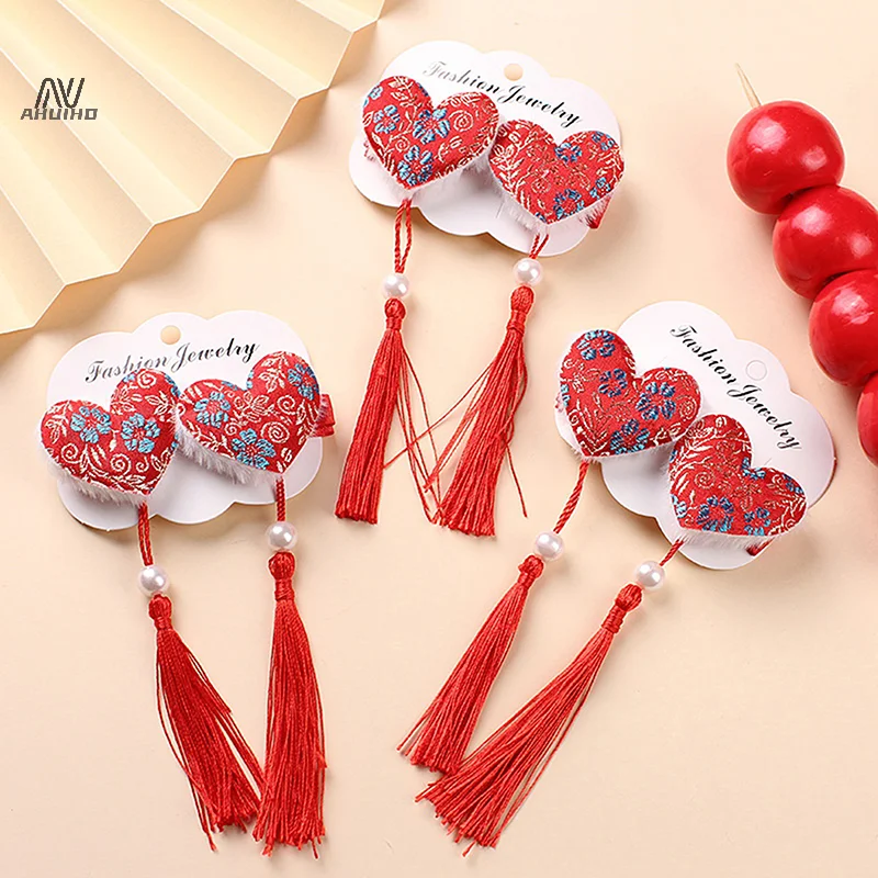 1Pair Chinese New Year Red Hairclip Tang Costume Headwear Girl‘s Chinese Ancient Style Hairclip Jewelry For Baby Tassel Hairpin