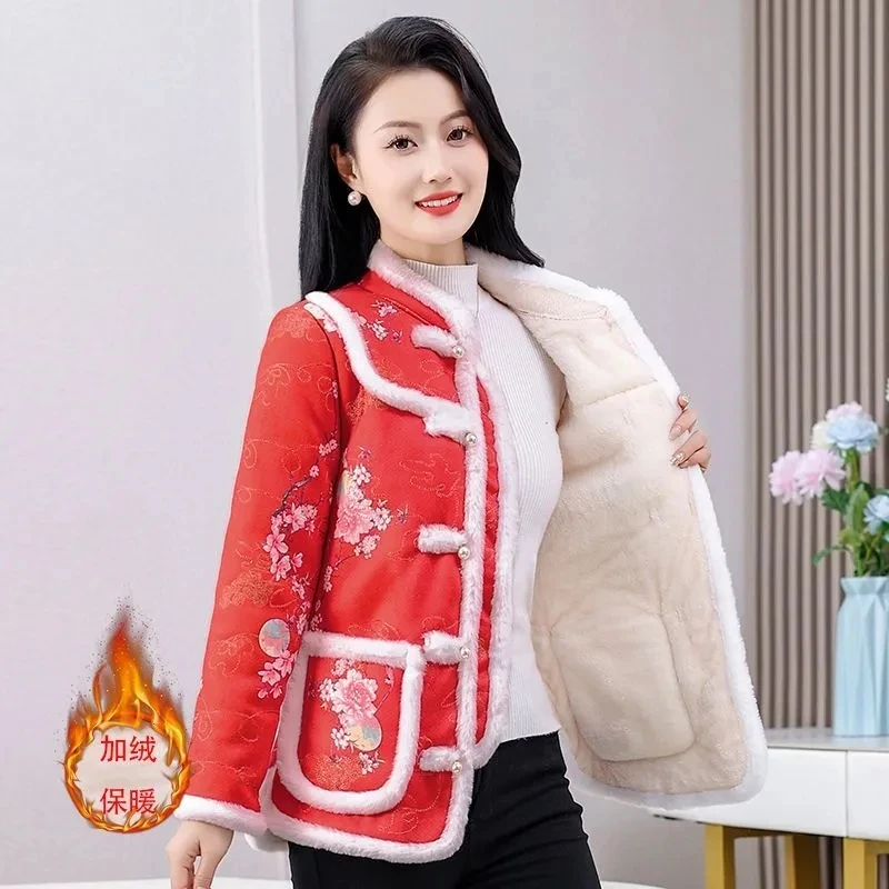 New Chinese Style Winter Plush Jacket Women Retro Ethnic Large Size Embroider Stand Collar Fleece Cotton Coat Outwear Ladies 6XL