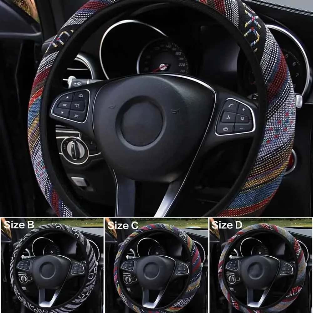 1PC/2Pcs High-quality Car Steering Wheel Cover Ethnic Style Fashion Linen No Inner Ring Elastic and Convenient Belt Cover