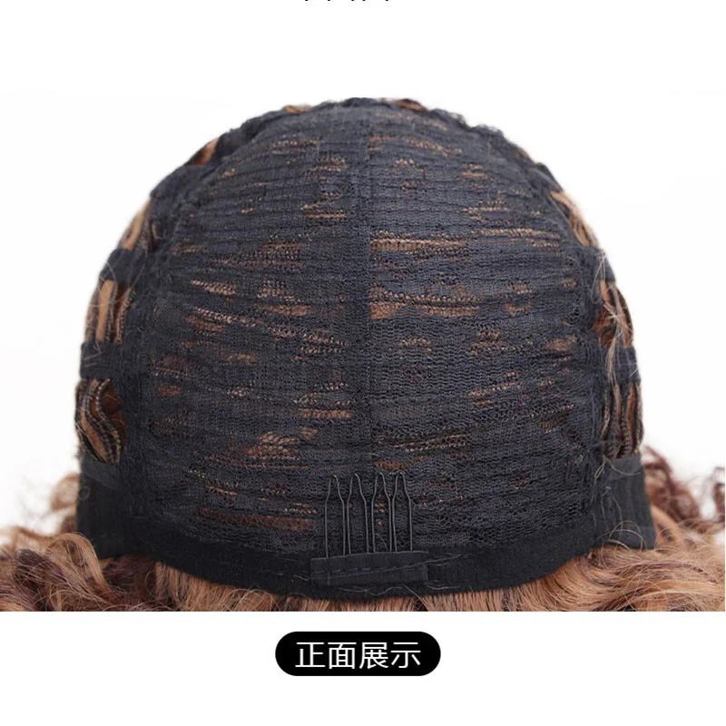 여성 짧은 곱슬 갈색 황금 전체 가발 물결 모양의 머리 자연 파티 가발