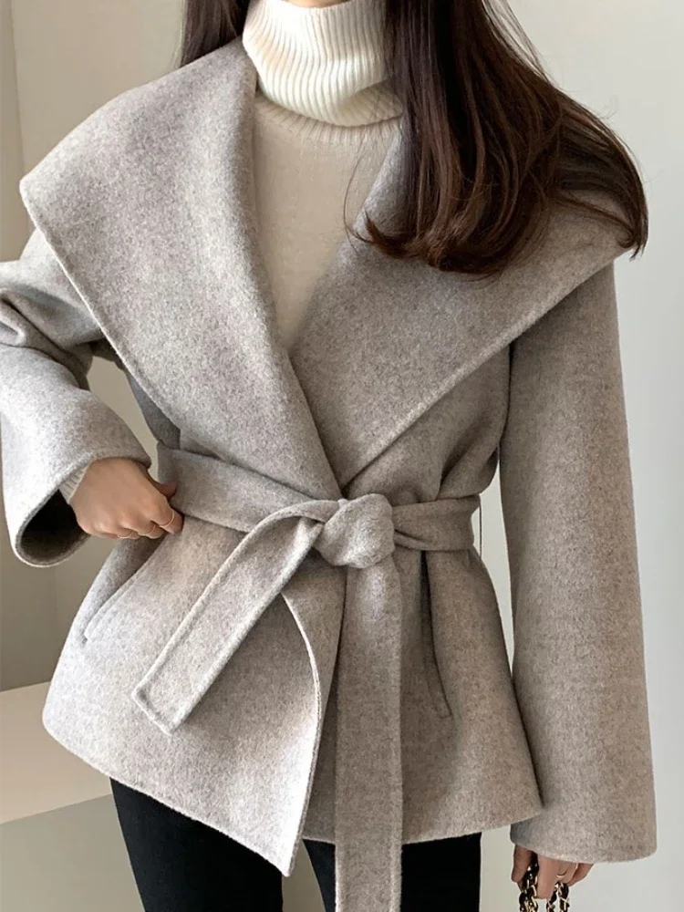 

Korea Chic Autumn Winter Retro Coat Women Fashion Simple Design Lapel Woolen Jacket Tie Grey Pocket Casual Short Blends 2024 New