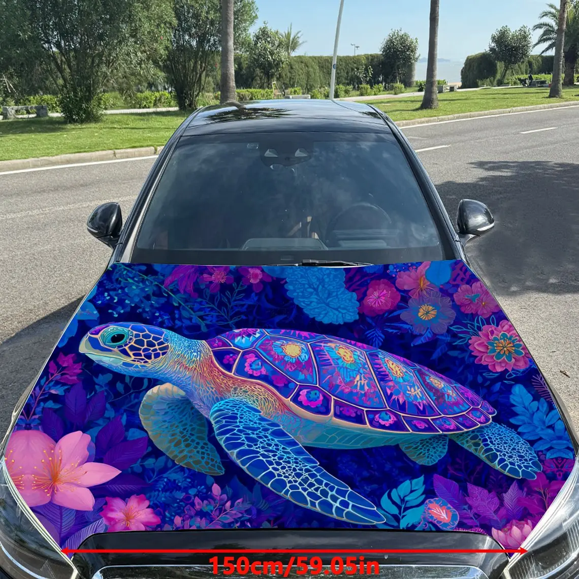 Colorful Sea Turtle and Flowers Car Vinyl Wrap, PVC Material Waterproof Car Hood Sticker, Self-Adhesive Scratch-Resistant Sticke