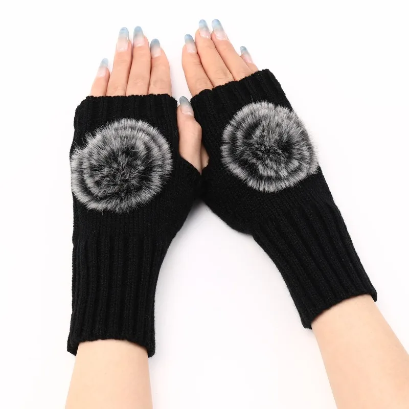 Womens Short Hairball Knitted Wool Gloves Half Finger Warm Sleeves Autumn Winter Fashionable Soft Comfortable Hand Cover