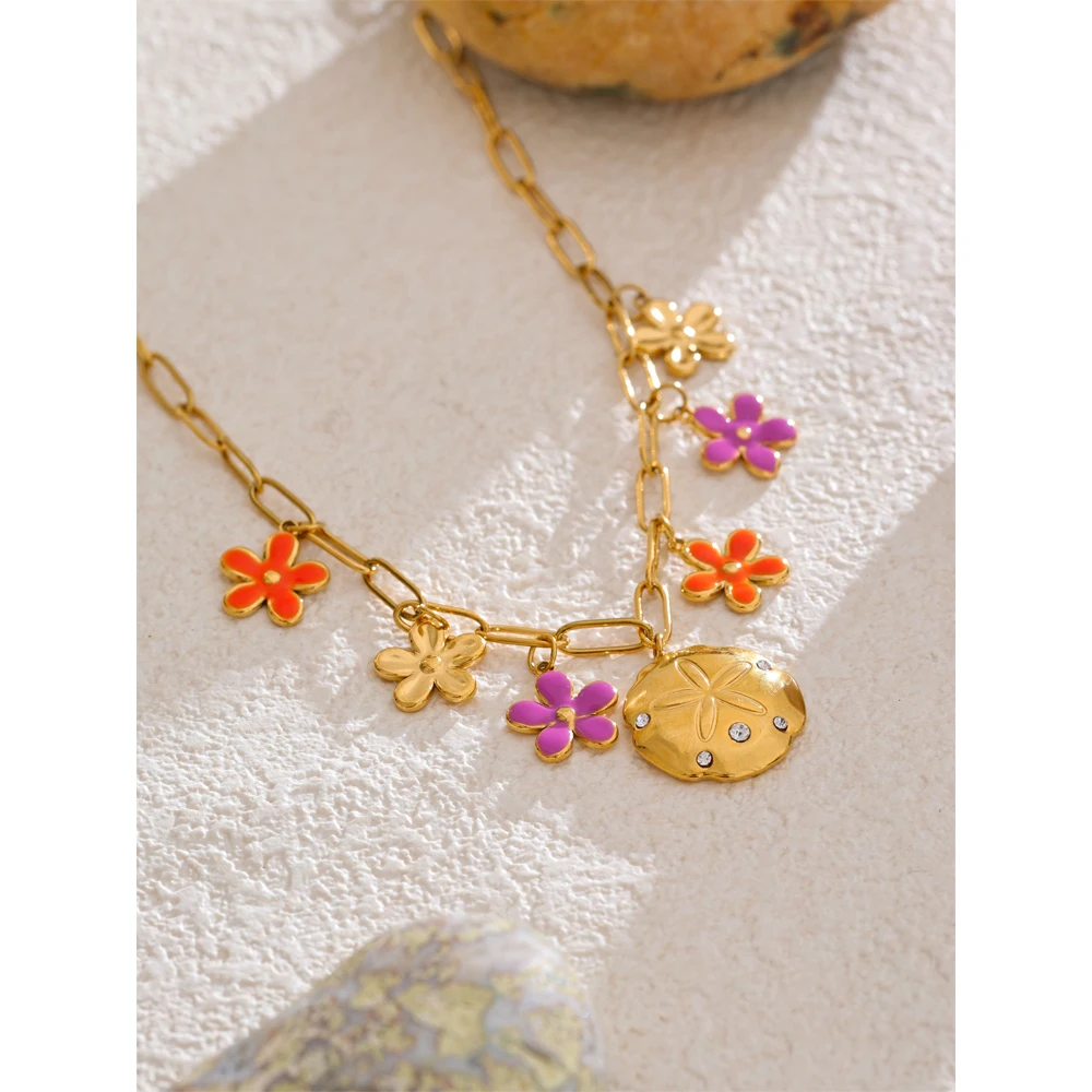 Yhpup Red Purple Enamel Flower Pendant Fashion Necklace Golden Stainless Steel Tarnish Resistant Waterproof Trade Jewelry Gift