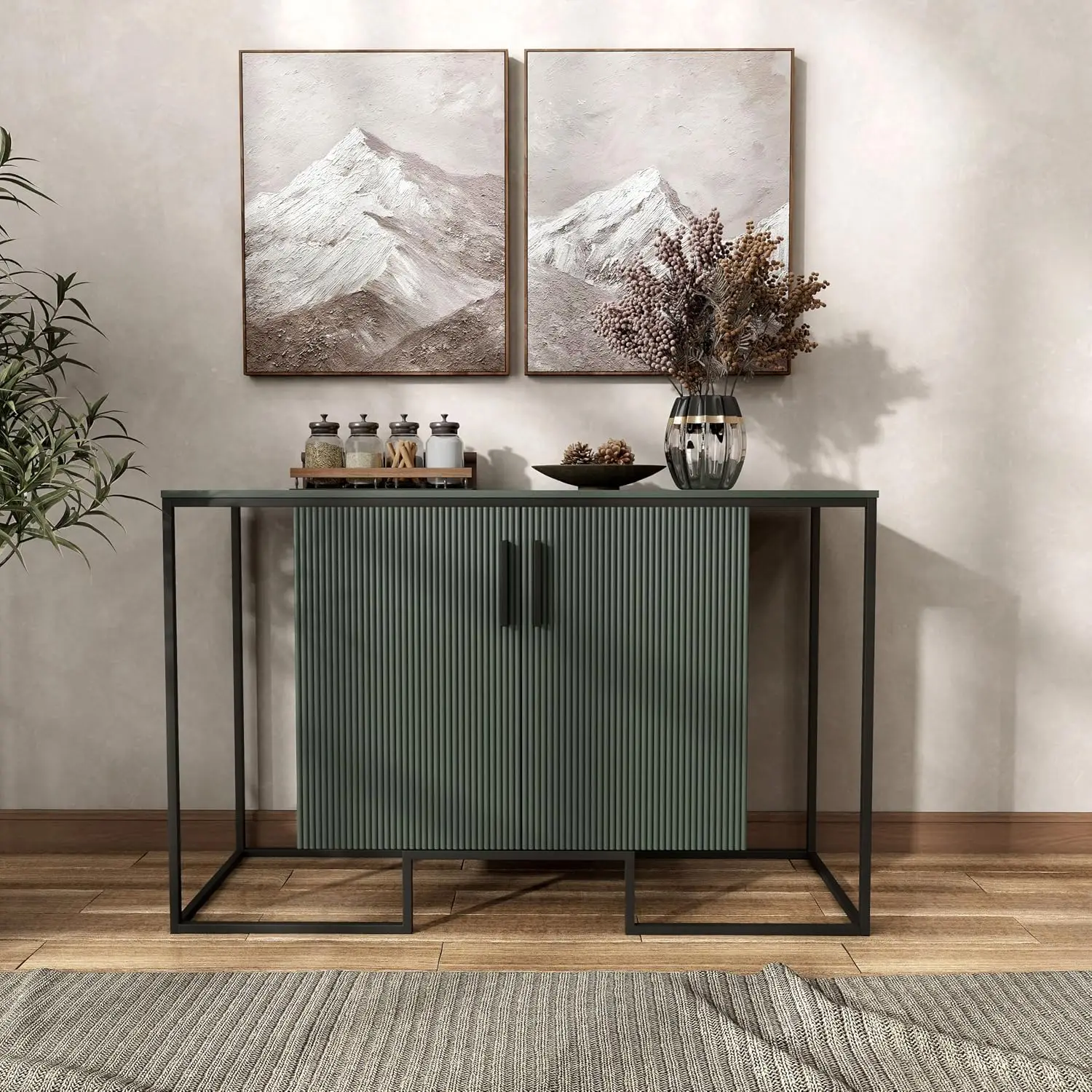 Modern Wood Sideboard Buffet Cabinet Fluted Doors 2 Shelves Dining Room 52-inch Green/Black, Customized