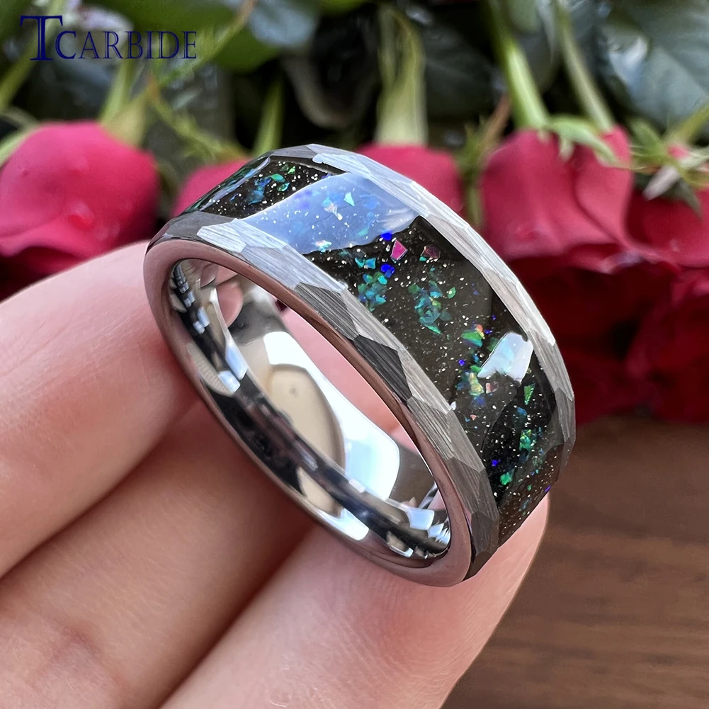 Black Hammer Ring Multi Facet Tungsten Wedding Band For Men Women With Galaxy Series Opal Inlay 8MM Comfort Fit