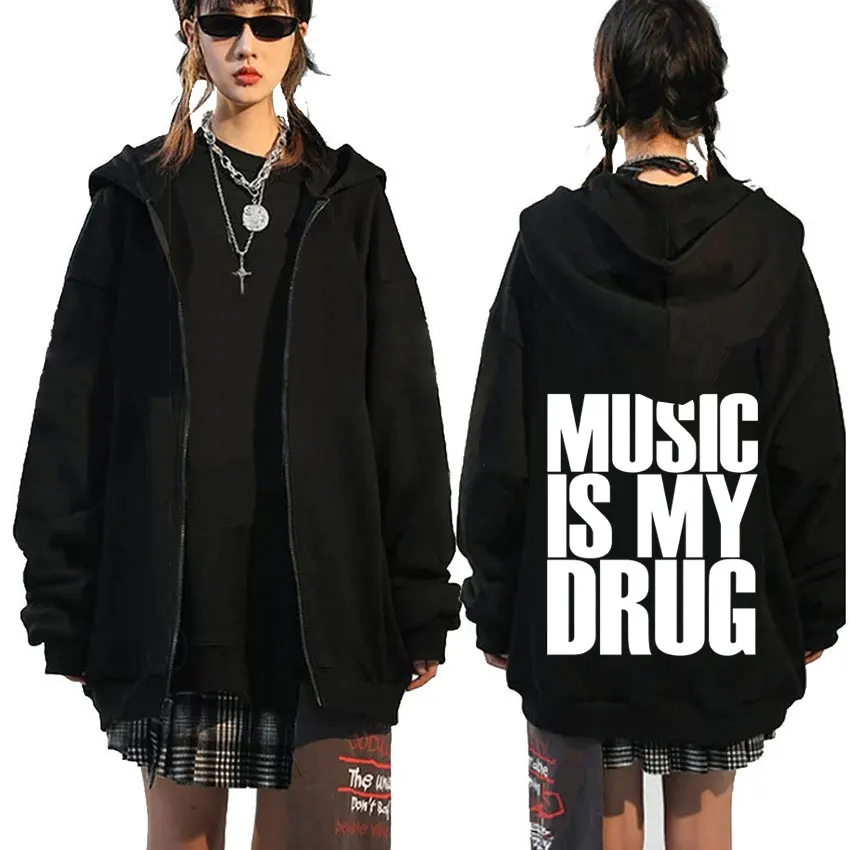 

Music Is My Only Drug Funny English Merch Zipper Hoodie Men Women Fashion Oversized Zip Up Jacket Male Casual Vintage Streetwear
