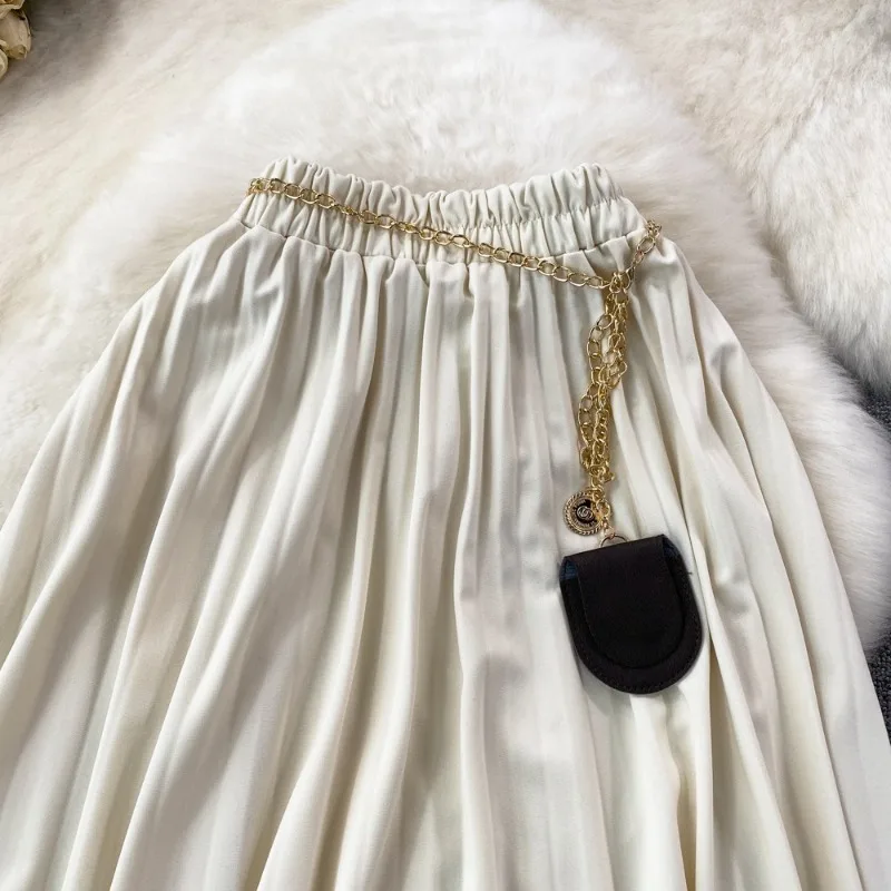 새로운 가을 겨울 한국식 하이 웨이스트 플리츠 스커트 슬림 플로잉 룩 중간 길이 무릎 길이 불규칙한 A 라인 스커트