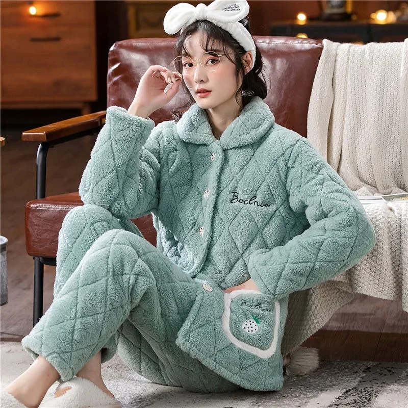 2024 New Pajamas Women Winter Three Layers Loungewear Thickened Cotton Coral Velvet Flannel Sleepwear Warmth Autumn Homewear