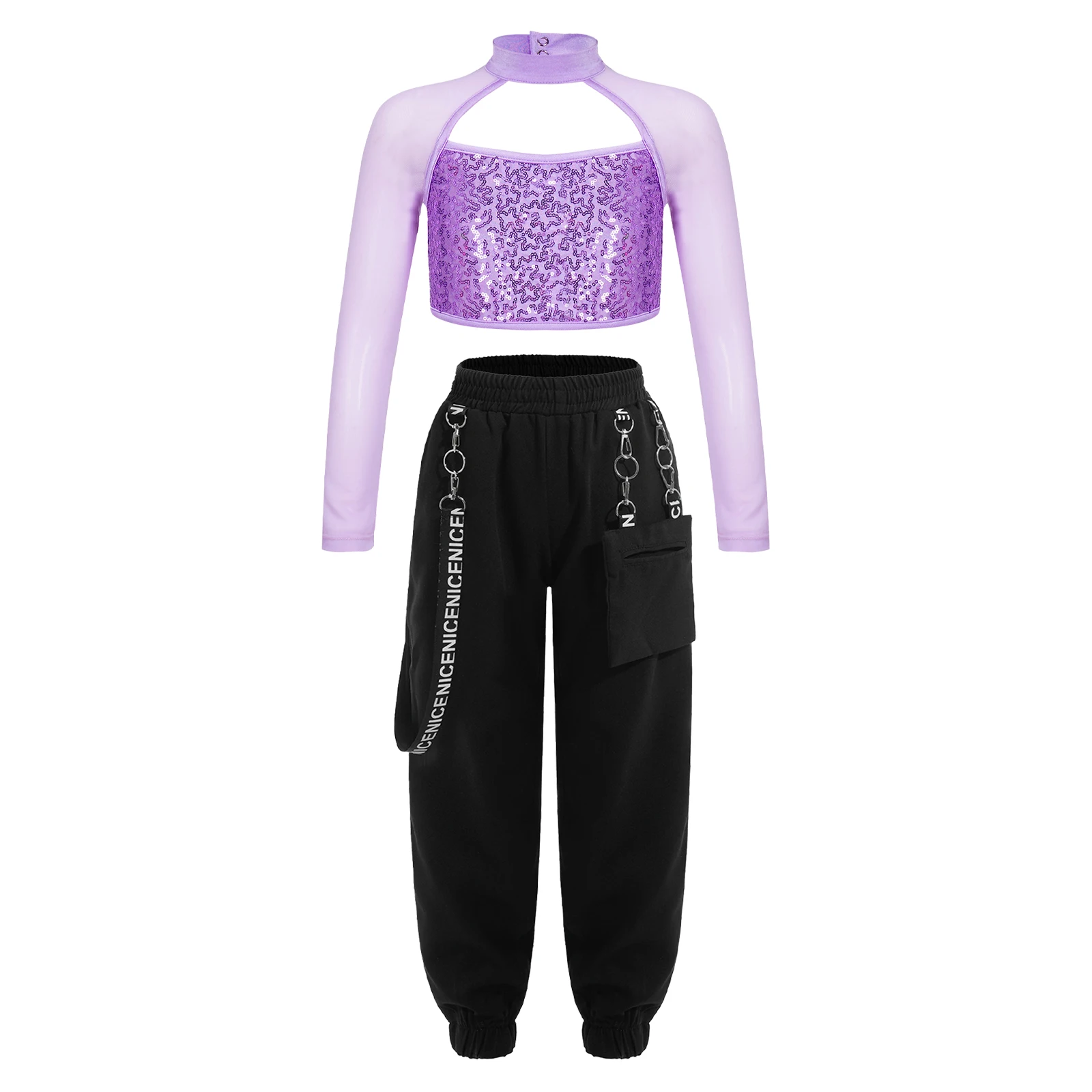 

2PCS Kids Girls Long Sleeve Mock Neck Shiny Sequin Decorated Cutout Crop Top with Chain Pocket Pants for Dance Stage Performance