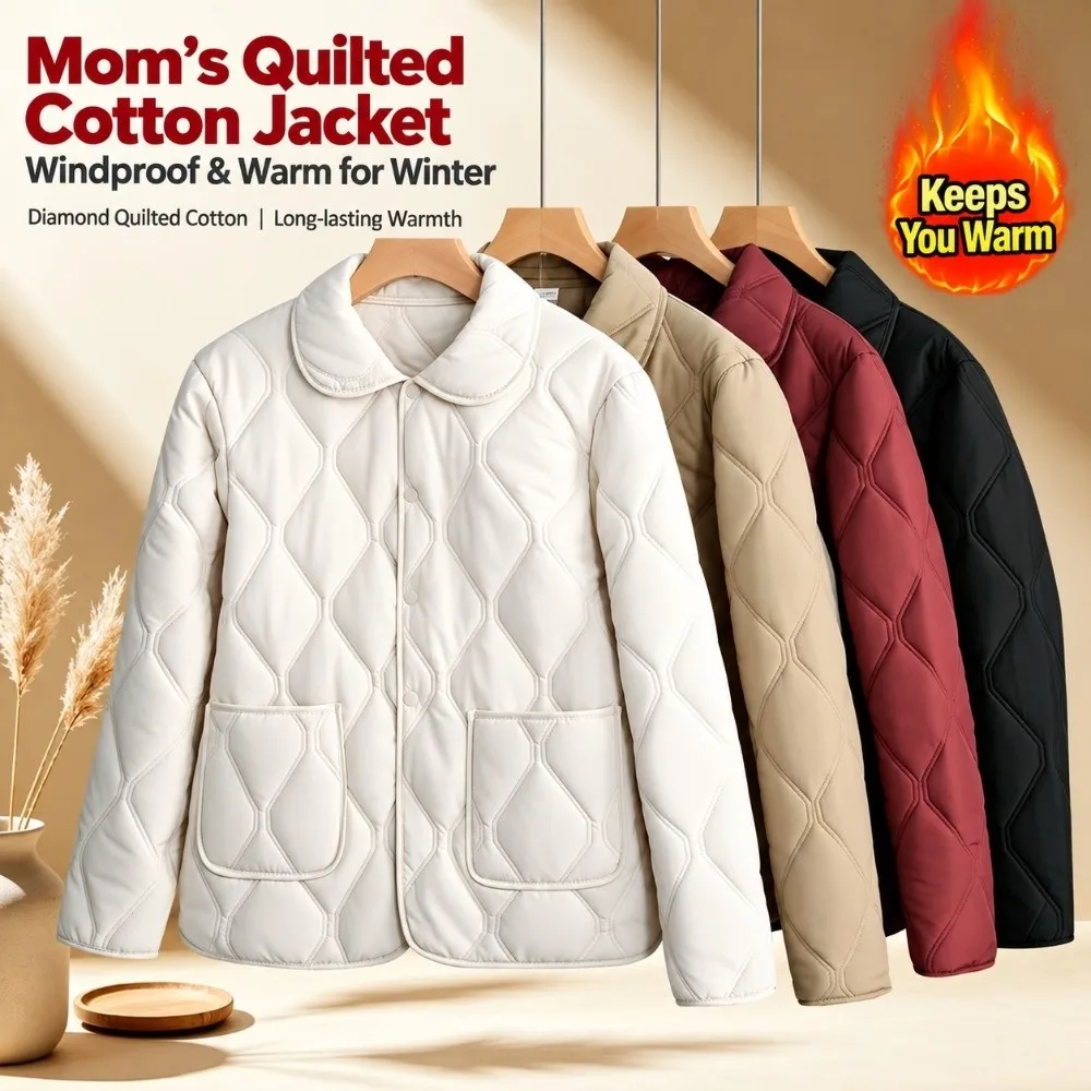 Rhomb Pattern Short Cotton Coat Warm Lining Big Pocket Light Jacket Turn-down Collar Double-sided Wearable Casual Down Jacket