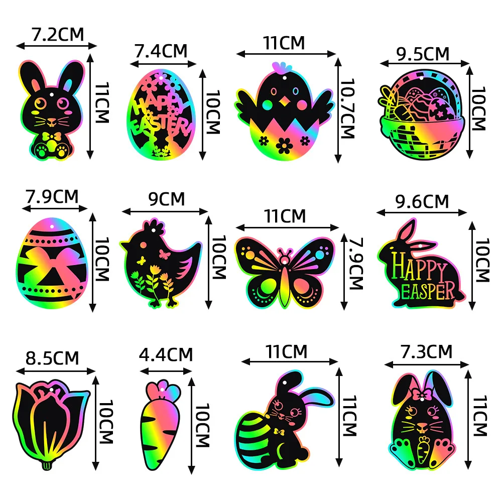 24pcs/set Easter Decoration Scratch Card Holiday DIY Color Scratch Painting Gift Label Easter Party Decorations Pendants