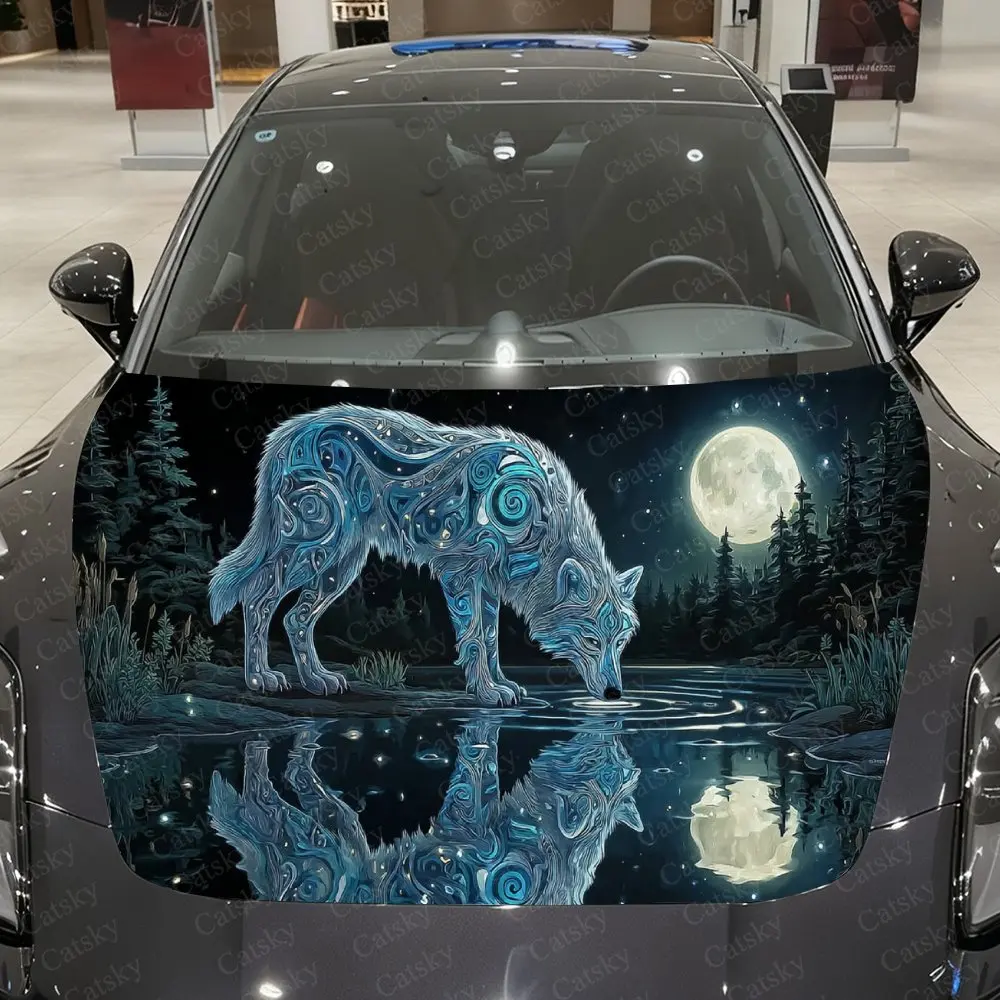 

Moonlit Forest Swirl Wolf Water Realm Car Vinyl Wrap, PVC Material Waterproof Car Hood Sticker, Self-Adhesive Scratch-Resistant