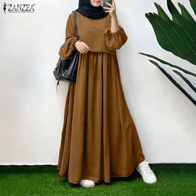 Muslim Hijabs Women Layered Detail Maxi Dresses O-Neck Long Sleeve Solid Color Loose Abaya Robes ZANZEA Islamic Ramadan Clothes