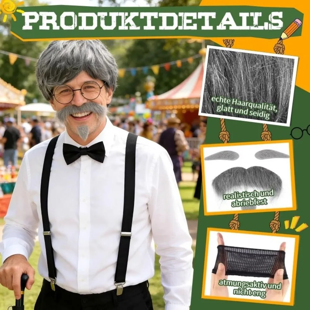 Zubehörset Großvater-Kostümset, Hut, Brille, Hosenträger, Party, Aufführung, Perücke für alten Mann, Rollenspiel-Requisiten, Bühnenaufführung – Detail 2