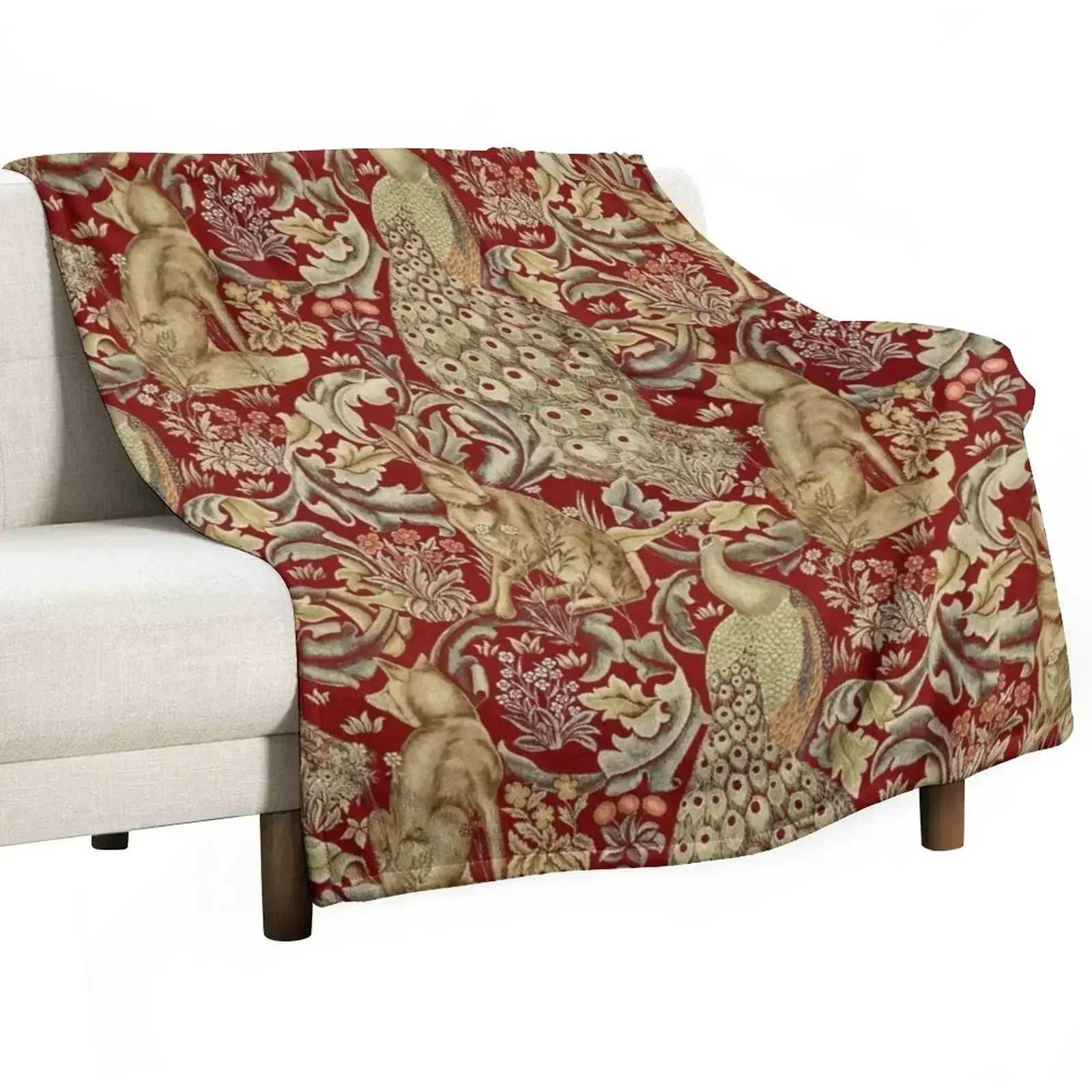 FOREST ANIMALS,PEACOCKS,FOX AND HARE IN RED LEAVES FLORAL PATTERN Throw Blanket Thermal Furry Giant Sofa Single Blankets