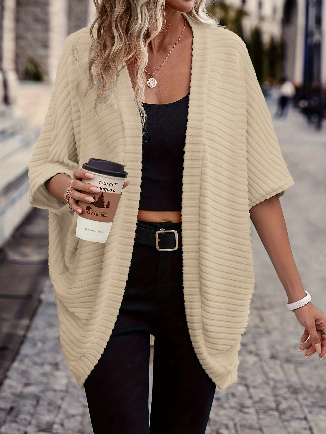 

Women's Beige Ribbed Knit Short Sleeve Cardigan: Loose-Fit V-Neck Casual Layering Top (Lazy Style)