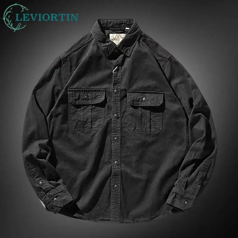 

Men Cargo Shirts High Quality Canvas Cotton Long Sleeve Shirts Durable Outdoor Hiking Sport Work Tops Casual Breasted Camicia