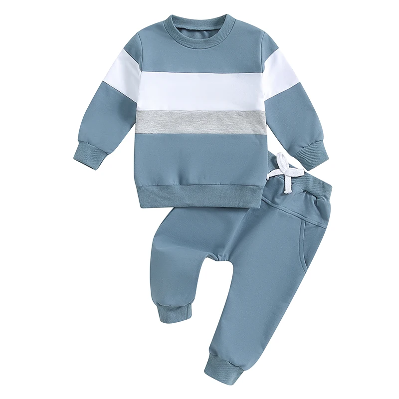 

Baby Boy Fall Outfit Contrast Color Long Sleeve Sweatshirt Elastic Waist Pants with Pockets 2 Piece Set