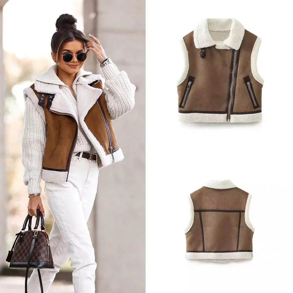 Fashion Elegant Women Thickening Warm Zip Waistcoats Coat Female Faux Leather Lambswool Patchwork Sleeveless Casual Vest