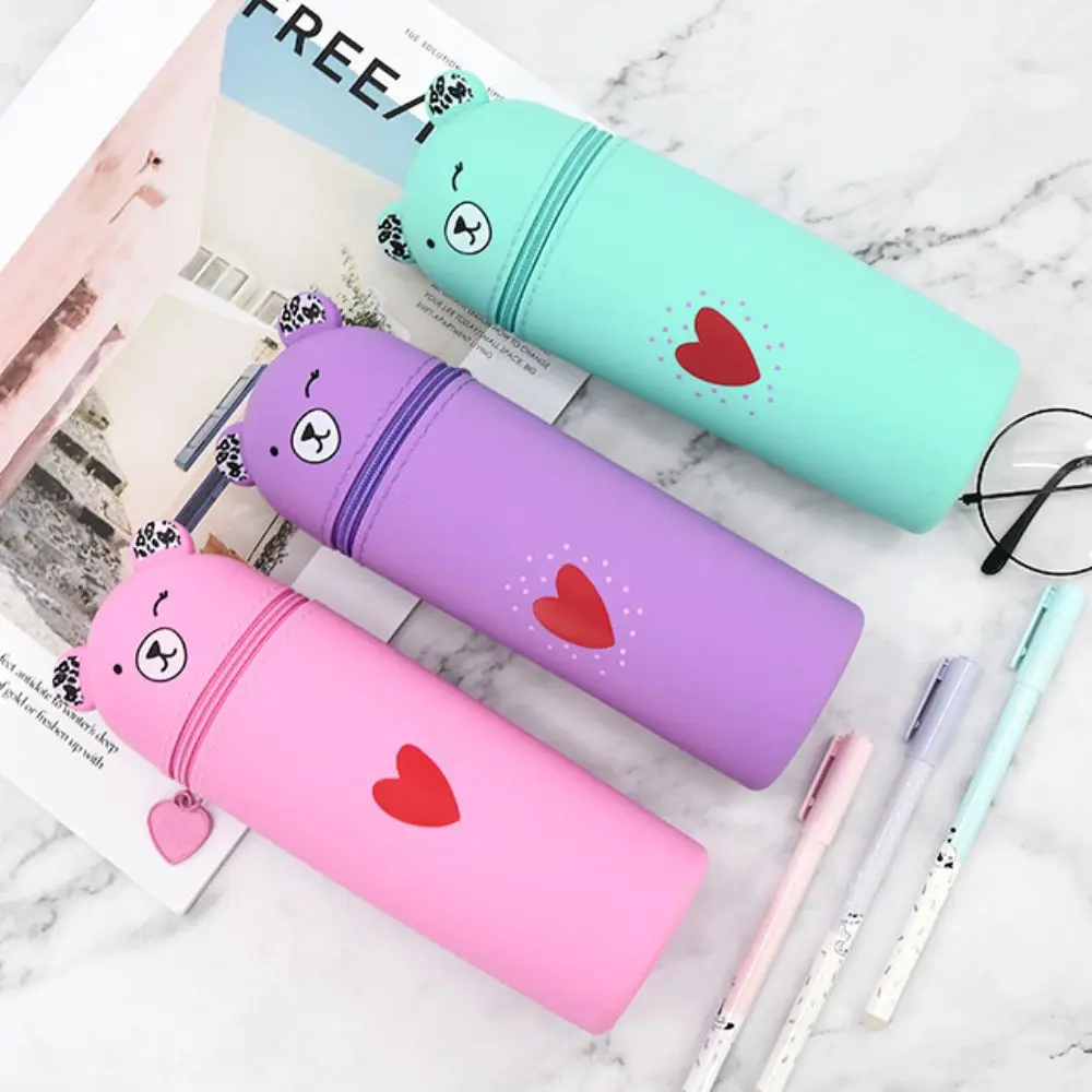 Silicone Cartoon Bear Pencil Case Retractable Big Capacity Pencil Pouch Stand Up Soft Stationery Box Student