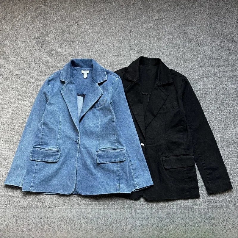 

Retro Single Button Denim Jaet Women's Loose Spring Autumn Coat Cotton Blend Long Sve Formal Wear Classic Color