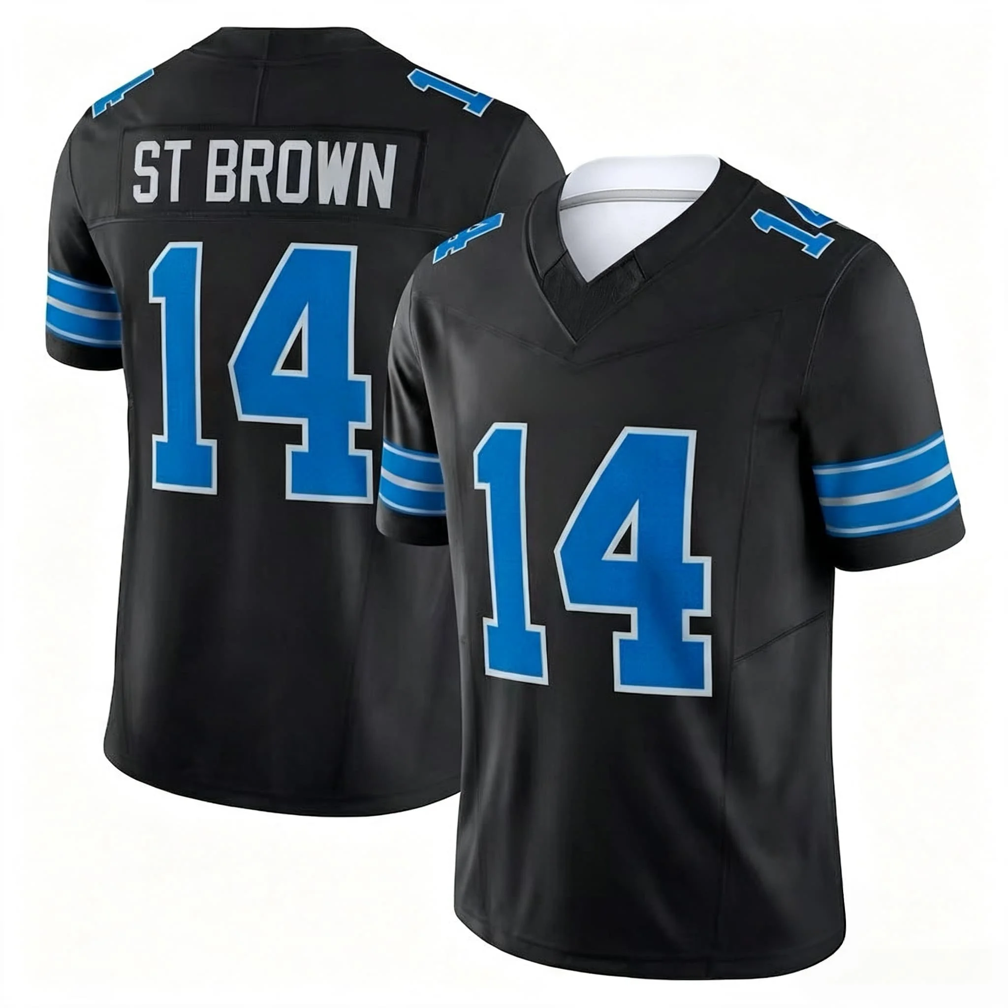 Herren # 14 Amon-Ra St Braun-Blau Kurzarm American-Football-Oberteil Rugby-Sportuniform für Sportfans, Familienoutfit – Detail 4