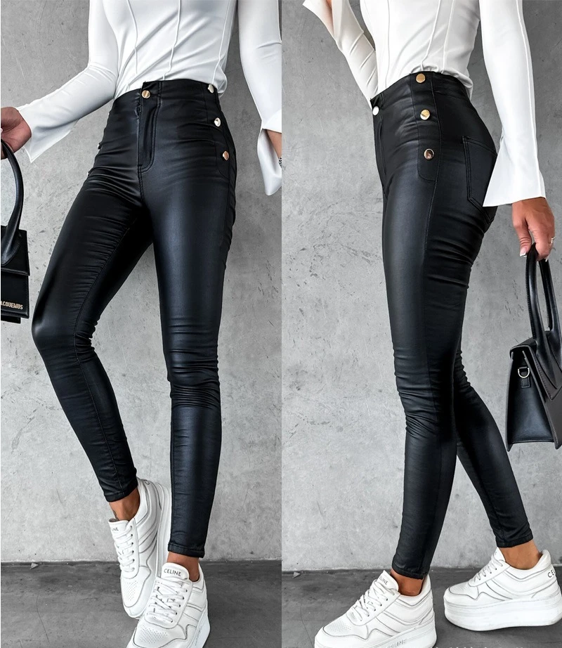 2024 New Fashion Women's Pants Streetwear Elegant Pu Leather Side Button Skinny Female Trouser Casual Bottom Clothing Outfits