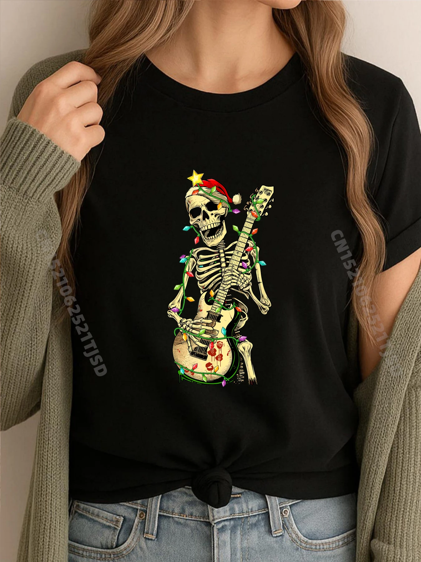 

Рождественский рокер Скелет Санта-Рок Рука Рождественская мужская дизайнерская одежда Женская футболка с коротким рукавом 4 июля