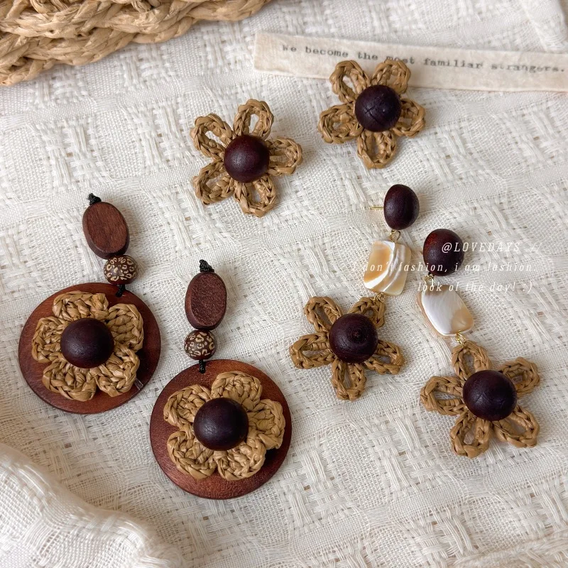 Earrings Long Dangle Woven Wood Shell Beads Flower Boho Resort Slimming Comfy Lightweight Vintage Everyday Jewelry